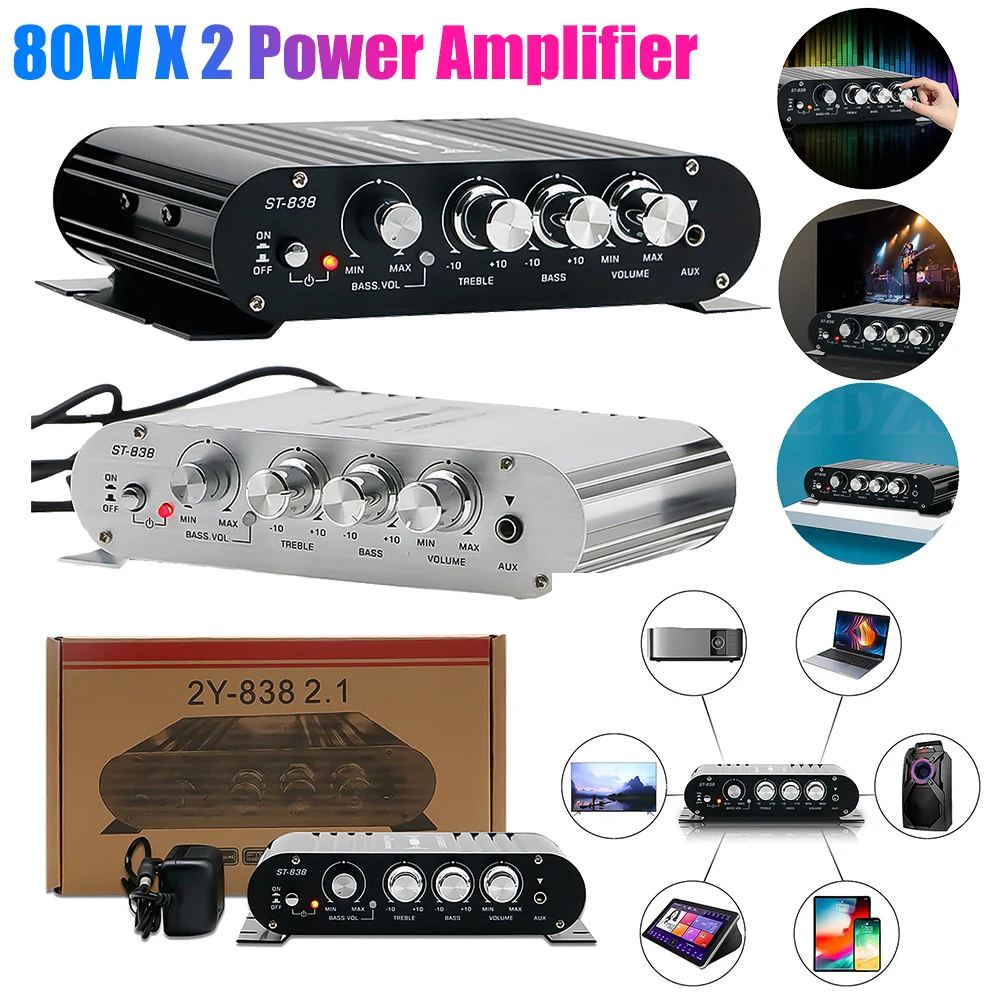 

ST-838 HiFi 2.1-канальный усилитель мощности, стереоусилитель басов, RMS 20Втx2+40Вт, мини-медиаплеер MP3, автомобильный/домашний усилитель, черный