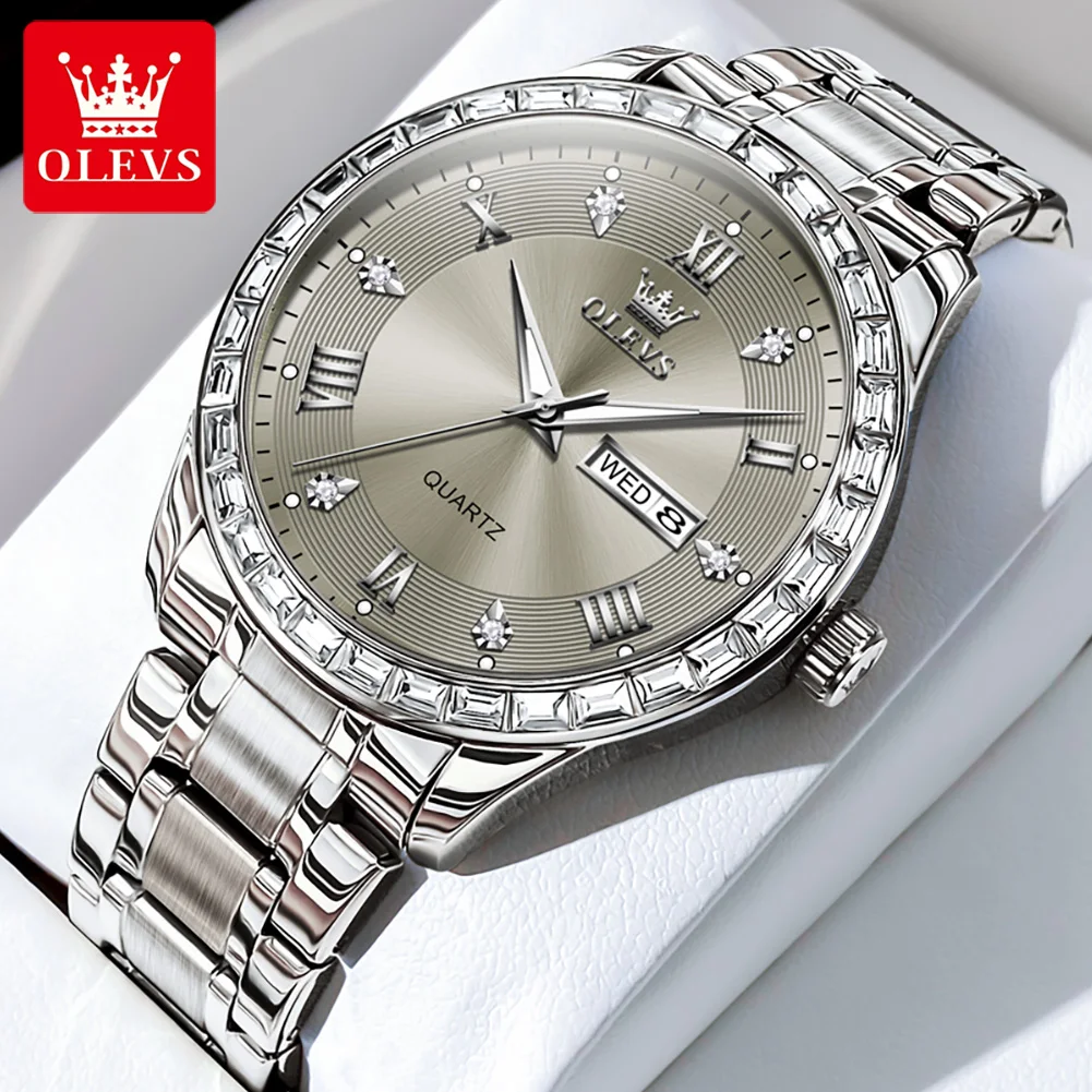 OLEVS 9906 Square Diamond Men's Quartz Watch Stainless Steel Strap Waterproof Dual Calendar Luxury Original Business Wristwatch