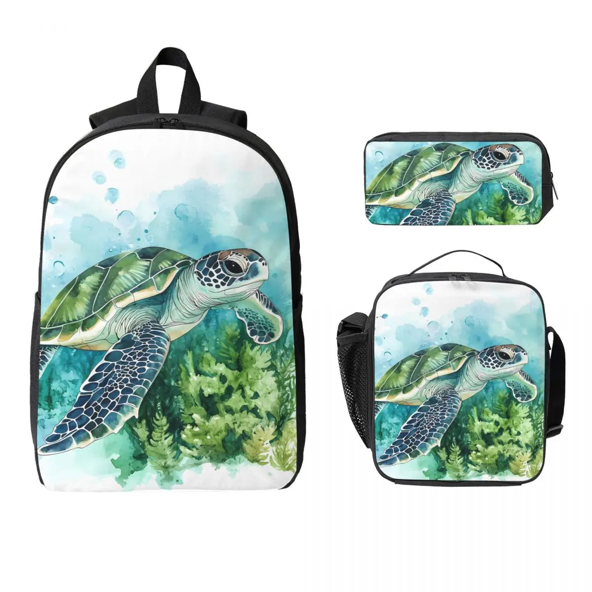 Vibrant Turtle And Waterweed Watercolor Art Backpack Student BookBag School Bag Computer Shoulder Bags 3ps Lunch Bag Pencil Case