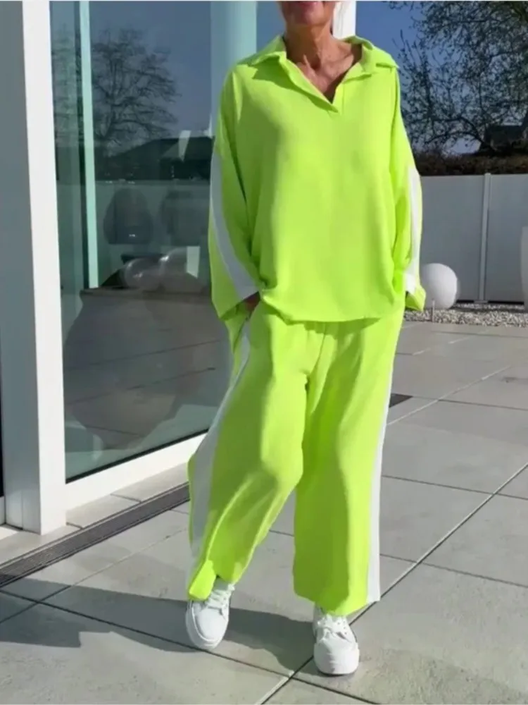 

Women's Fashion Lapel Temperament Sports Casual Trousers Set Simple Solid Color Long-sleeved Top Wide-leg Trousers Two-piece Set