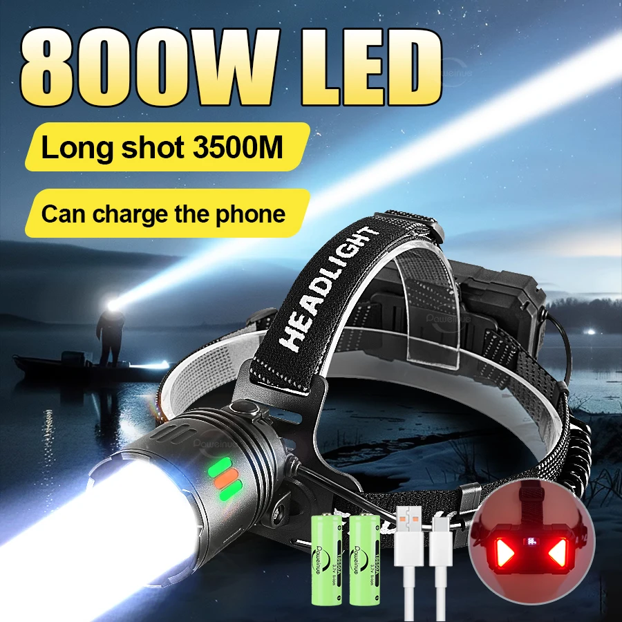 

800W LED High Power Led Headlamp Fluorescent Rechargeable Head Flashlight Telescopic Zoom 3500m Fishing Camping Head Lantern