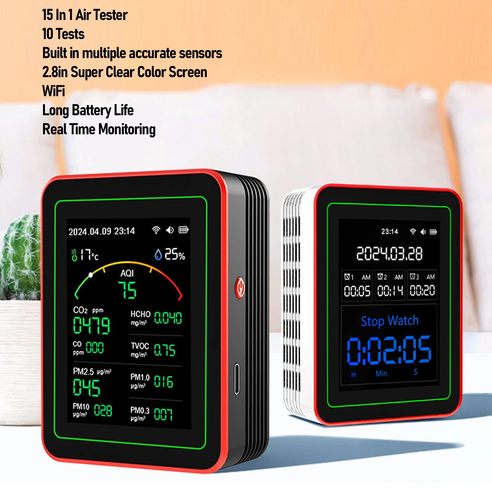 Penguji Kualitas Udara Sensitivitas Tinggi Layar HD 2.8 Inci Penguji Kualitas Udara Pengatur Waktu Kelembaban Suhu Multifungsi untuk Rumah