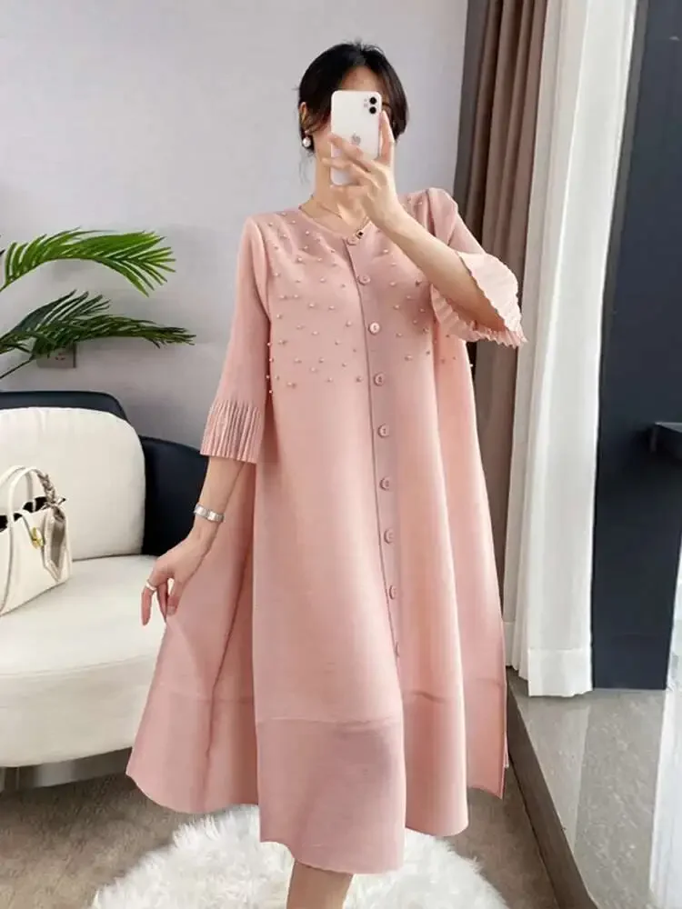 

Miyake Style Evening Dress Pleated Bead O Neck Spring Autumn Trend Flare Sleeve Single Breasted Loose Luxury Holiday Cloth 2025