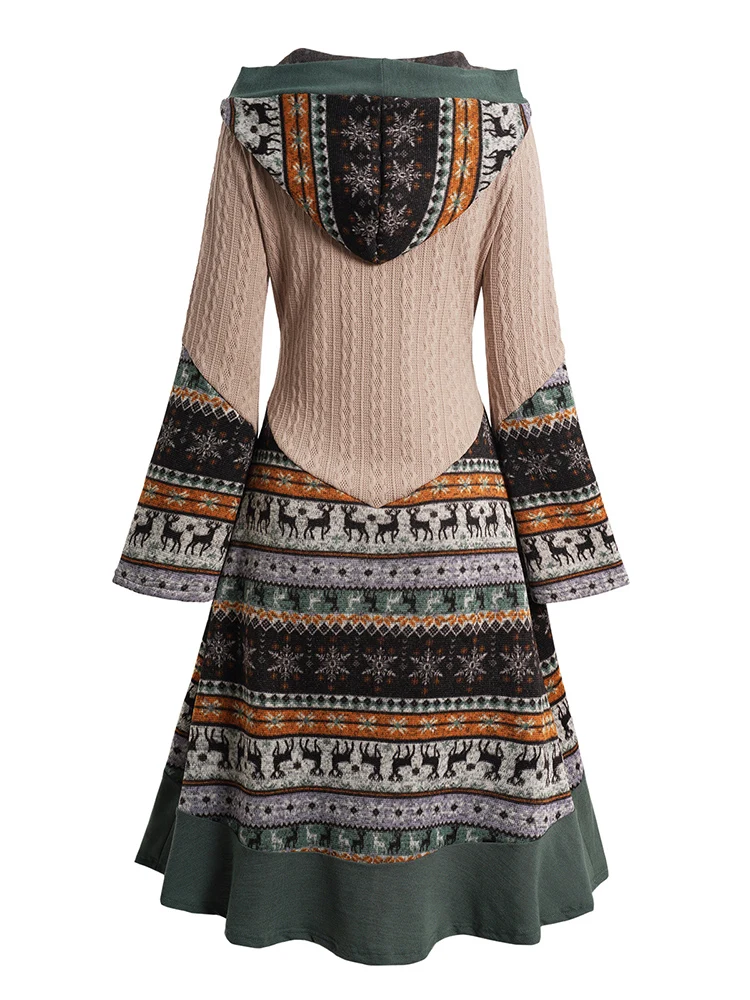 Women Christmas Dresses Elk Snowflake Tribal Pattern Knit High Low Flocking Liner Hooded Dress Button Up Flare Sleeve Midi Dress