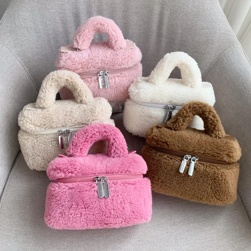 Winter Women\'s Artificial Lamb Wool Double Zipper Box Bag Design Fluffy Faux Fur Crossbody Bag Female Phone Pouch Purse Handbags