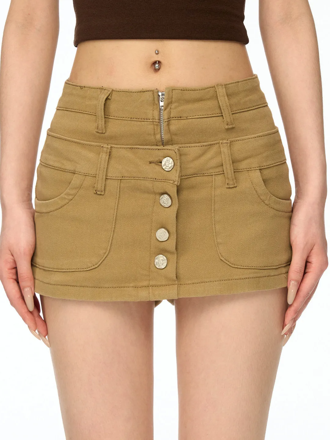 Low Waist Button Detailing Short Denim Skirt Women's Summer New Style American Retro Spicy Girl Khaki Workwear  Skirt