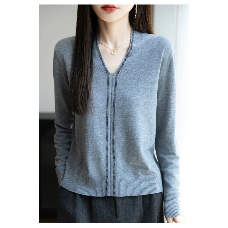 Maglione francese a maniche lunghe Hot Diamond per donna con scollo a V che tocca il fondo Nuovo stile straniero caldo