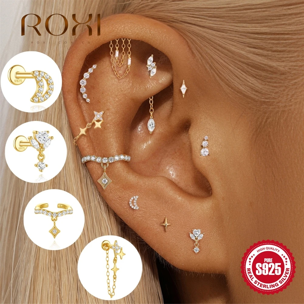 ROXI 1 Stück 925 Sterling Silber Geometrischer Stern & Mond Zirkon Knorpel Helix Ohrschmuck für Frauen Hypoallergener Edelschmuck Geschenk