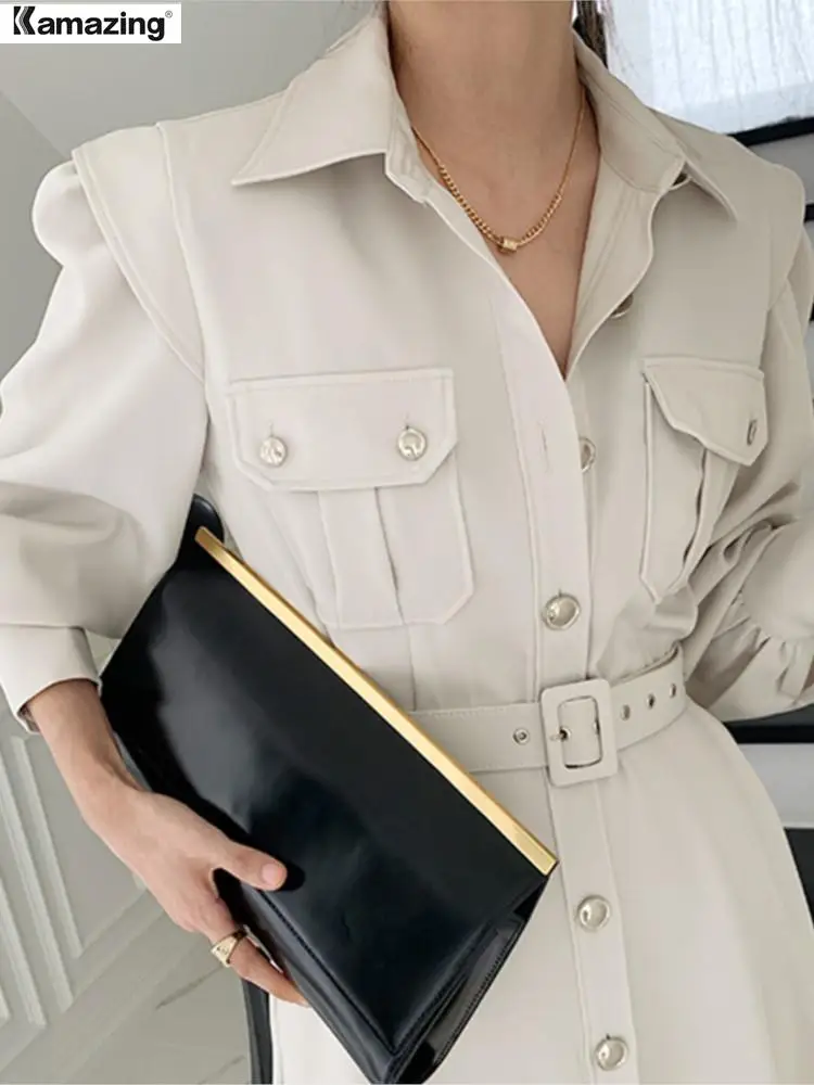 Spring Autumn Women Dress Fashion Female Puff Sleeve Vintage Solid Midi Shirt Dress Casual Single Breasted Waistband Chic Dress