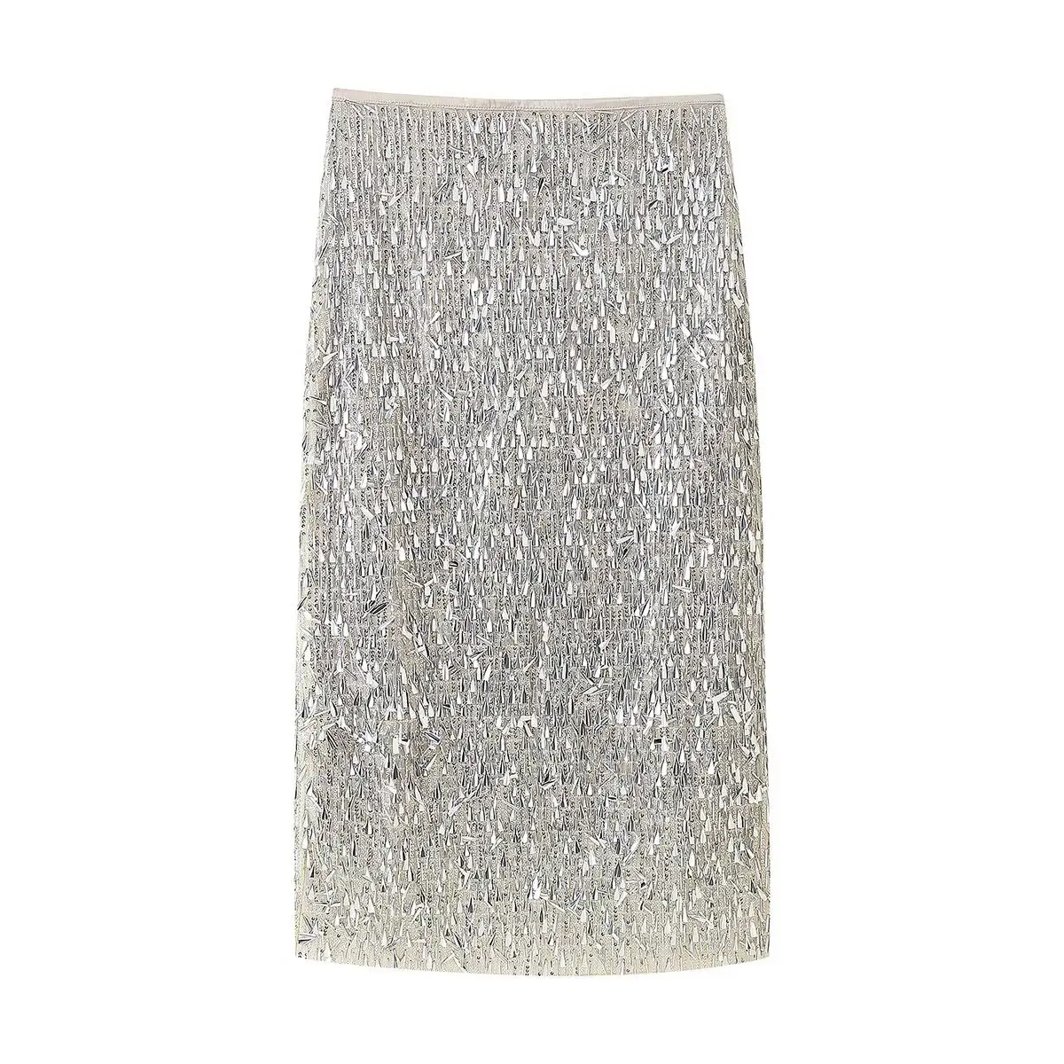 

Women's Sequined Long Skirt High Waist Straight Slit Hem Invisible Zipper Midi Skirt Spring Summer New Casual Chic Skirt