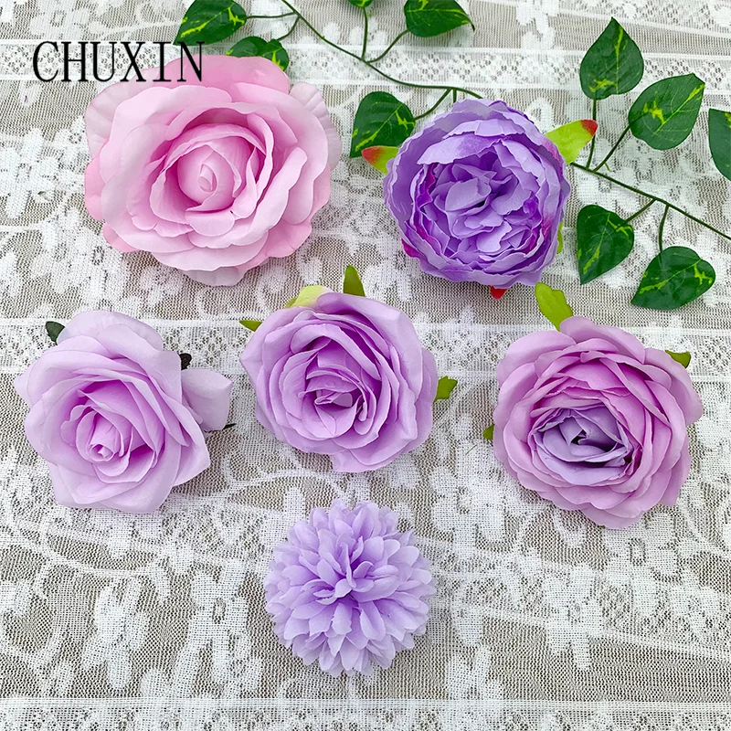 5 unids/lote serie púrpura cabezas de rosas de seda flores decoración del hogar DIY pared de boda arreglo Floral materiales accesorios C1024-7507