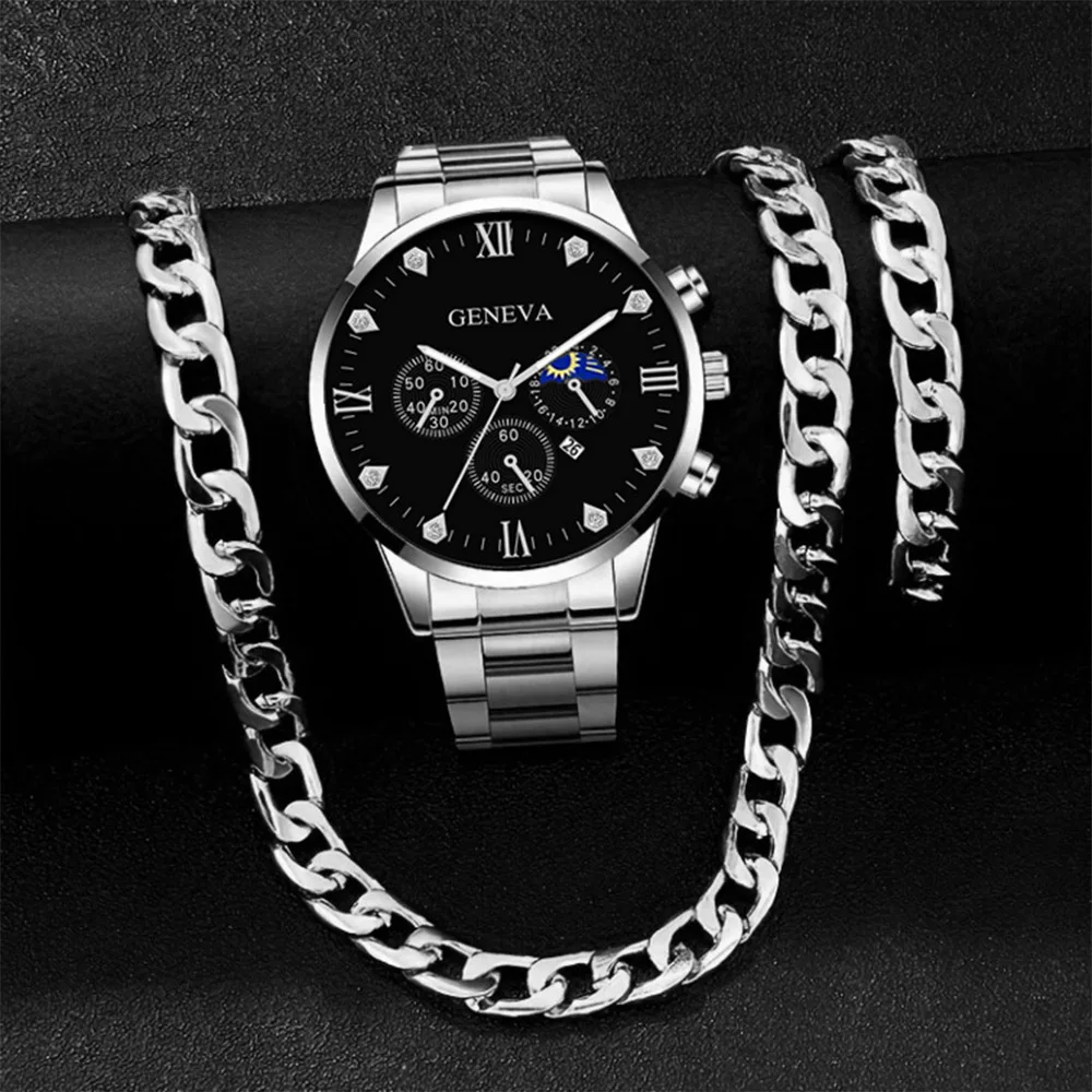 

3PCS luxury alloy full diamond rhinestone mirror men's quartz watch with calendar and Hip Hop Cuban Necklace bracelet set