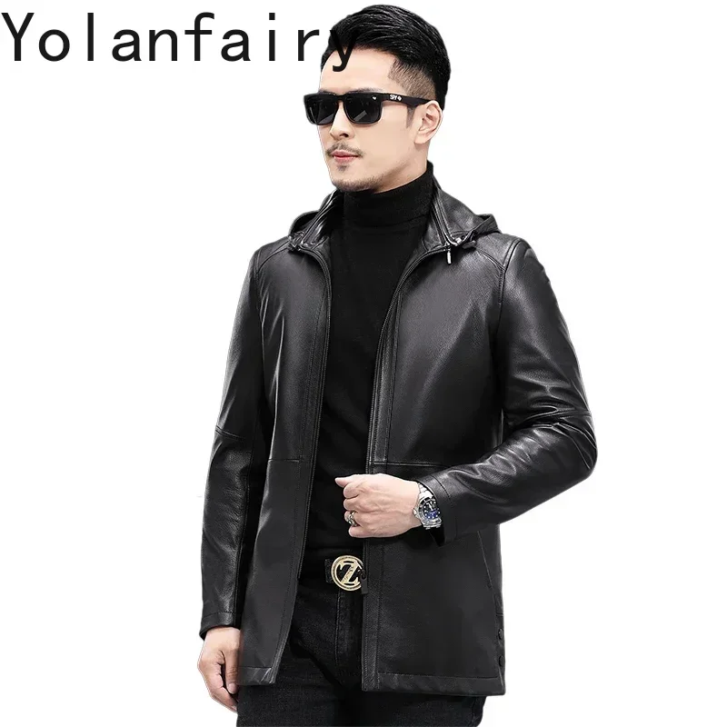 YOLANFAIRY Leather Coat for Men Top Layer Sheepskin Coat Male Hooded Medium Long Slim Autumn Genuine Leather Jacket Men Jackets