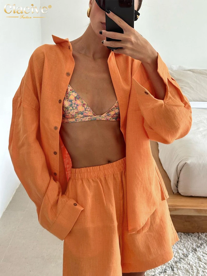 Clacive Casual Loose Orange Cotton 2 Piece Set Women Outfit 2024 Elegant Long Sleeve Shirt With High Waist Shorts Set Streetwear