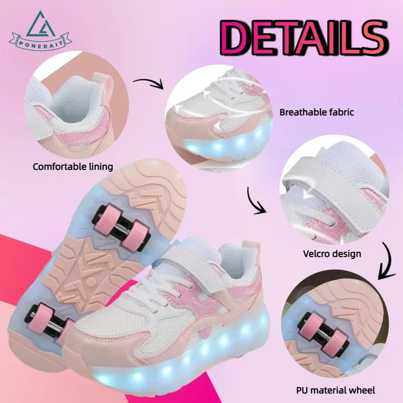 أحذية تزلج PONERAIT للفتيات ذات 4 عجلات مع نعل إضاءة LED بتصميم فيلكرو من الجلد قابل للتنفس وشحن USB هدية للأطفال
