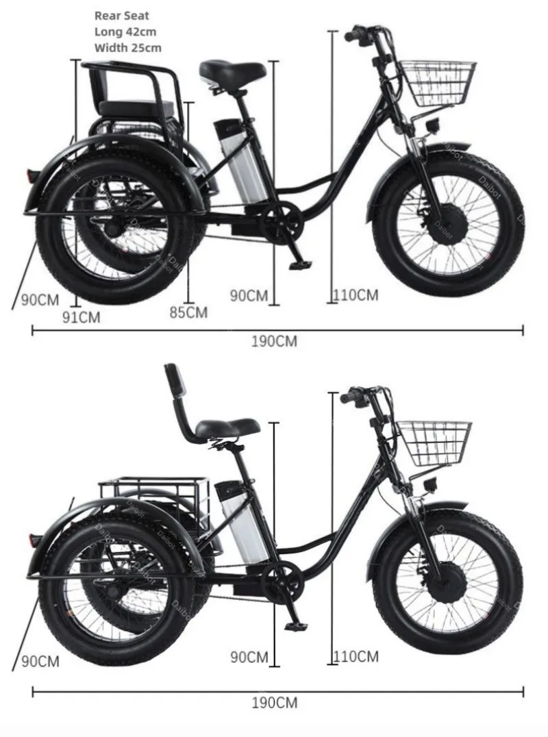 Trójkołowy elektryczny rower towarowy dla mężczyzn 20-calowa gruba opona Mocna podwójna wiązka 500W 48V Elektryczny rower trójkołowy Snow Mountain