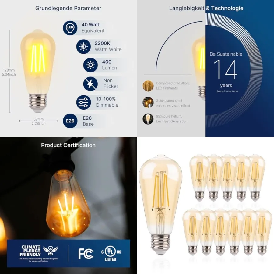 

ST19 LED Edison Bulbs 40W Equivalent, 4W Amber Glass Vintage Light Bulbs, 2200K Warm White Dimmable, High CRI 90+, 400LM E26 Ba