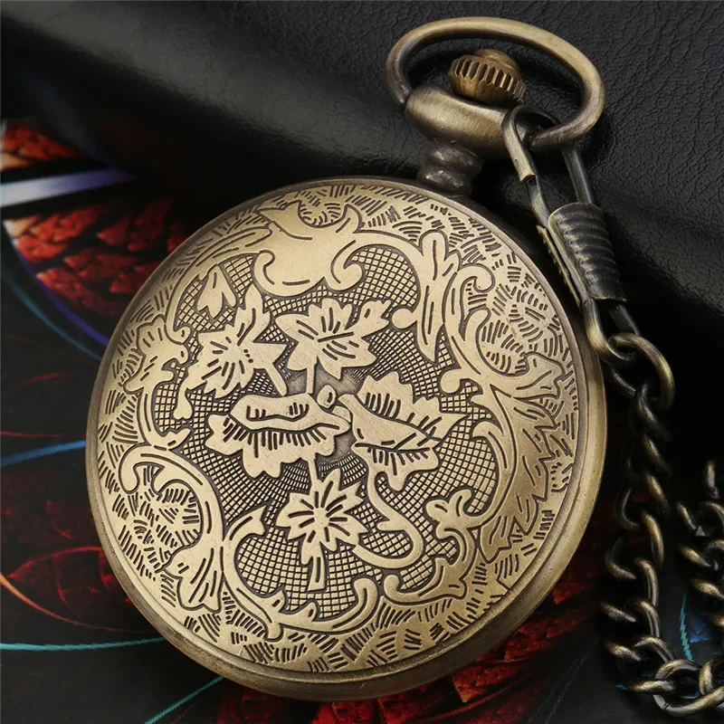 Vintage Half Hunter Hollow Bamboo Case Retro Quartz Pocket Watch for Men Women Arabic Number Clock with Bronze Necklace Chain