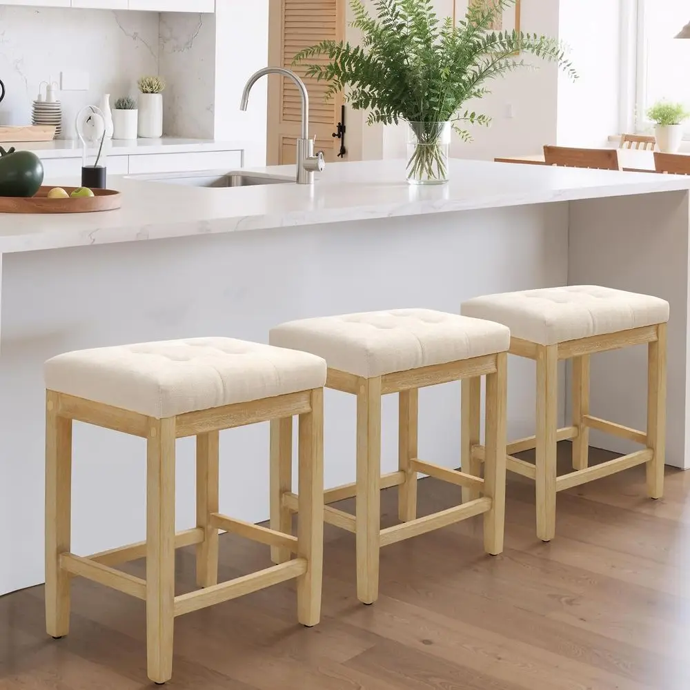 

Set of 3 Counter Height Bar Stools with Fabric Upholstered Seats and Solid Wood Legs, 24 Inch Beige and Wood Chairs