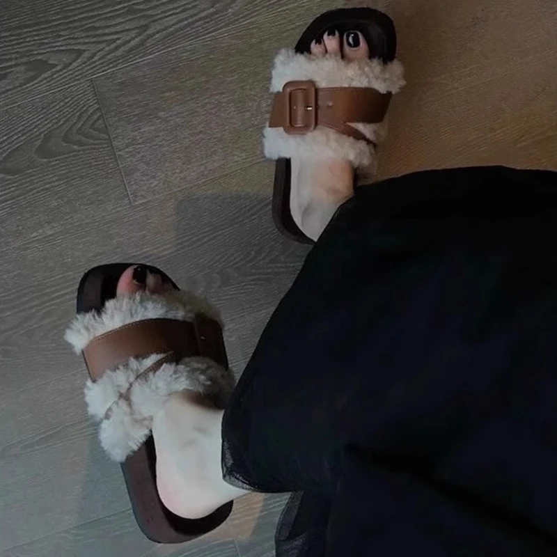 Shoes Plush Slippers For Adults Platform Slides Fashion Slipers Women Fur Luxury 2024 House Slippers Platform Shoes Slides Fashi image 3