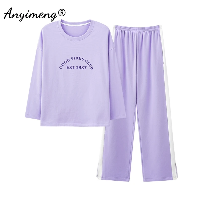 Spring Autumn Cotton Pajamas for Women Round Neck Pajama Sets Long Sleeve Long Pants Pijamas Fashion Homewear for Girl