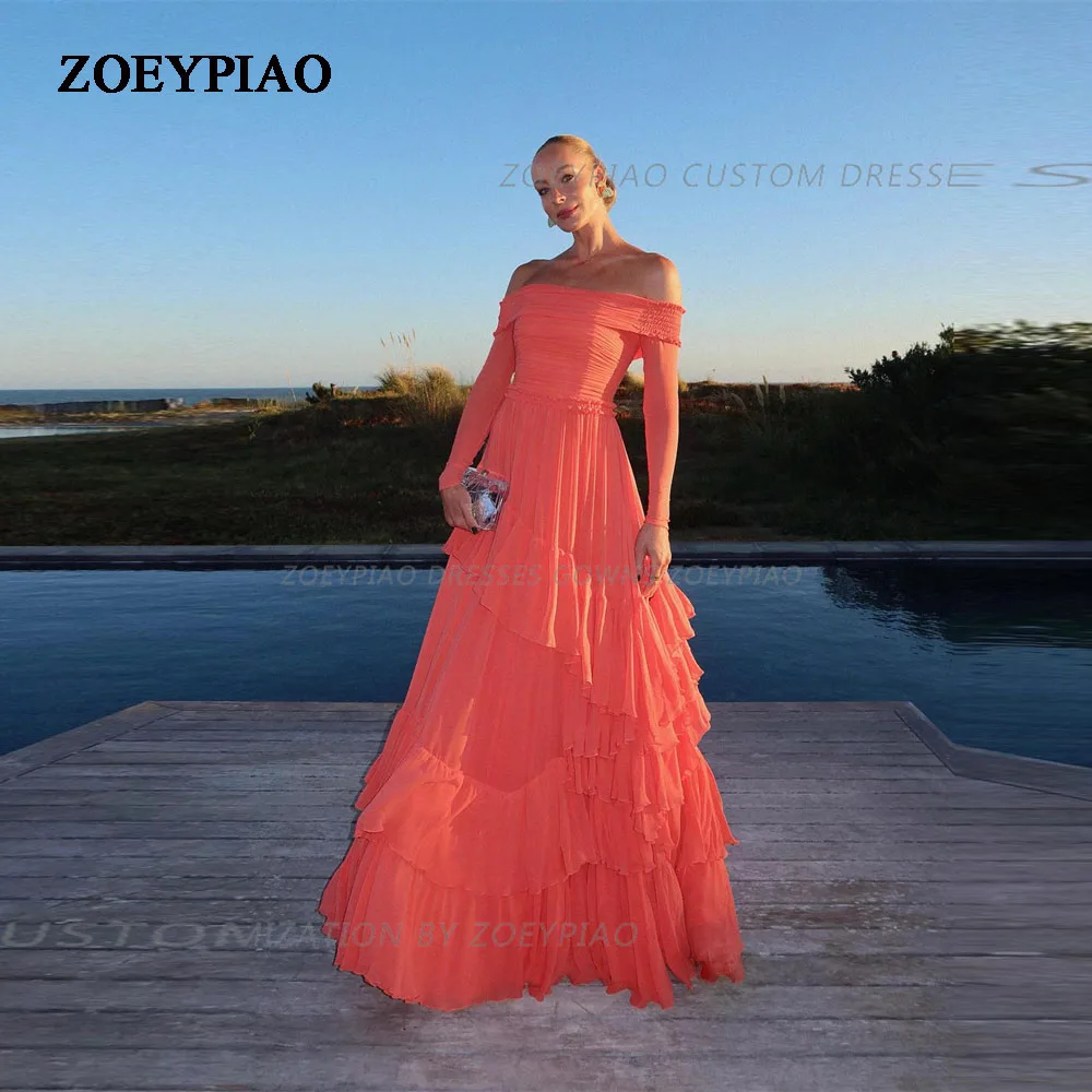 Pink Long Sleeves Chiffon Women Evening Dresses Pleated Tiered Floor Length Formal Prom Dress A Line Elegant Party Gowns