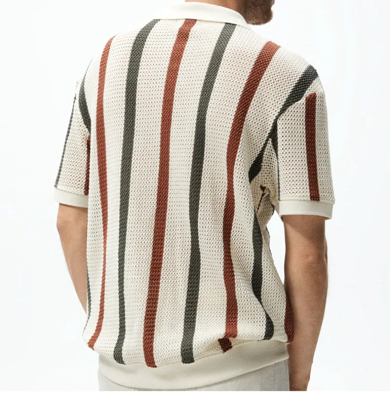 Men's European and American Style Thick Needle Hollow Knit Shirt with Striped Contrasting Color Woolen Casual Polo Shirt