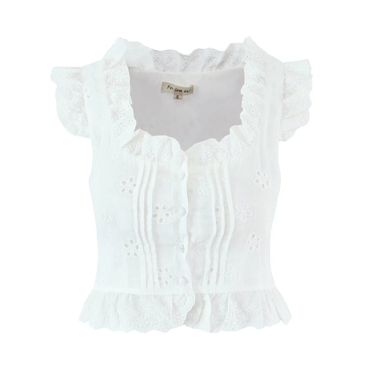 

Sweet White Blouse For Women Square Neck Ruffled Button Sleeves For Summer Stylish Casual French Style Hollow Patchwork 0DF0