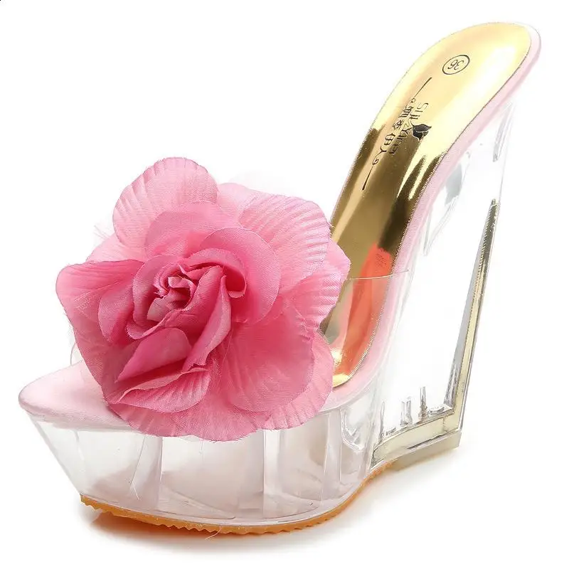 Shoes Woman 2024 House Slippers Platform Transparent Heel Flower Glitter Slides On A Wedge Pantofle Heeled Mules Summer Jelly Ne