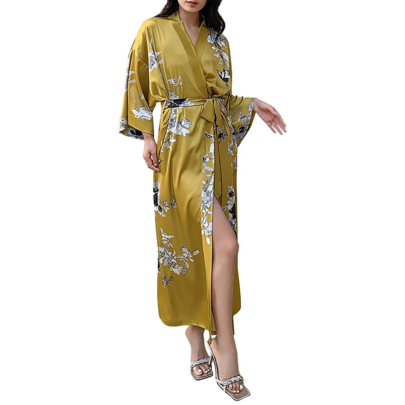 Women's Satin Pajamas Seven Sleeve Cool Feeling Floral Printed Robe Bathrobe Loungewear