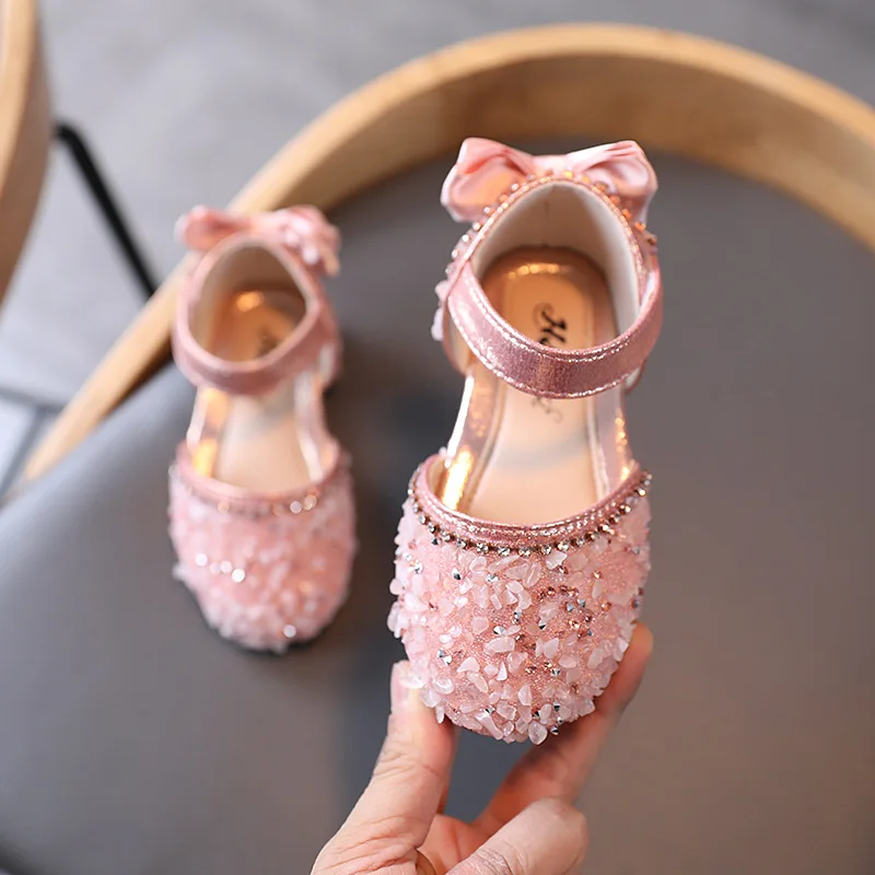 Kids Sandals Rhinestone Bow Girls Princess Shoes Fashion Flats Dance Performance Shoes 2023 Summer Children With Flat Sandals