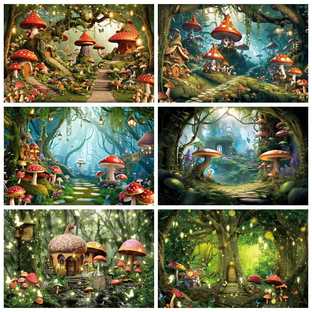 Fairy tale Forest Mushroom Butterfly Backdrop for Photography Wonderland Enchanted Dreamy Jungle Baby Birthday Photo Background