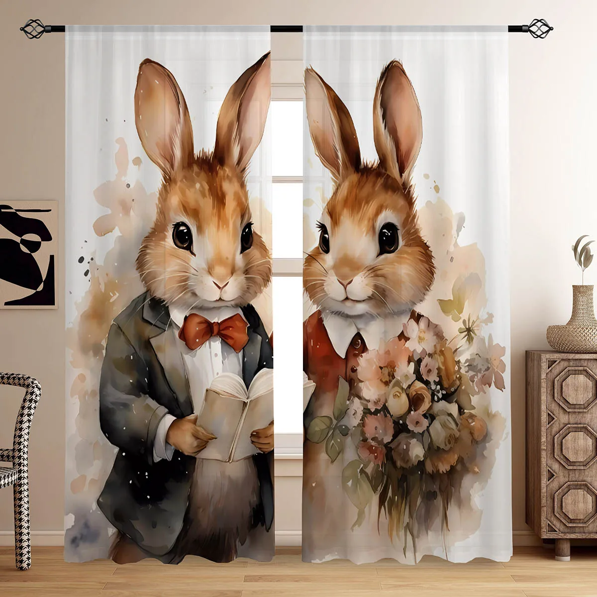 

2pcs Cute Couple Rabbit Easter Cartoon Printed Curtains Bedroom Living Room Kitchen Decorative Curtains Kids Gifts