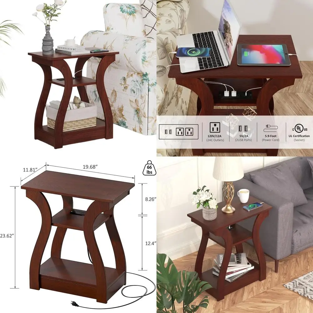 

Cherry Wood Living Room End Table with Charging Port, Bedroom Nightstand, 3-Tier Storage End Table