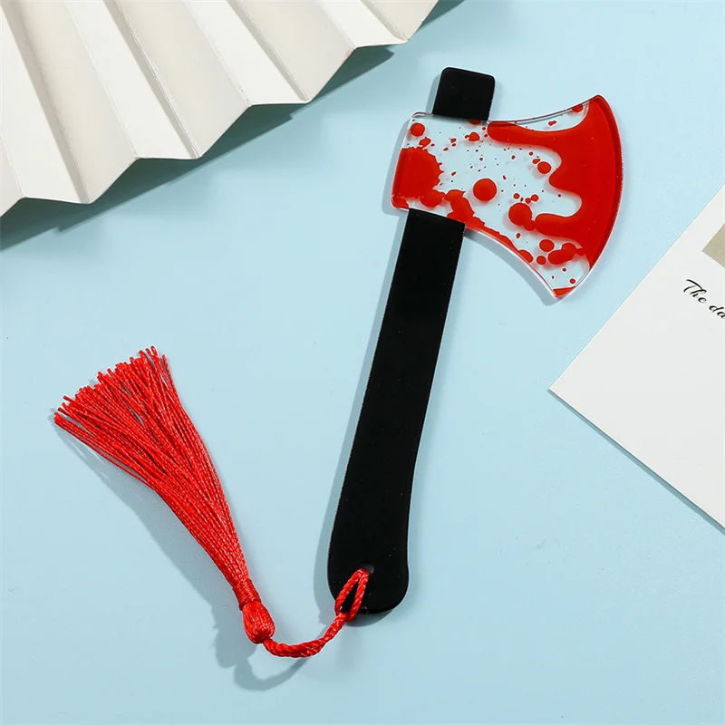 1Pcs Horror Knife Clear Acrylic Bookmark with Tassel, Halloween Themed Series Chopper Saw with Blood, Halloween for Bookworms