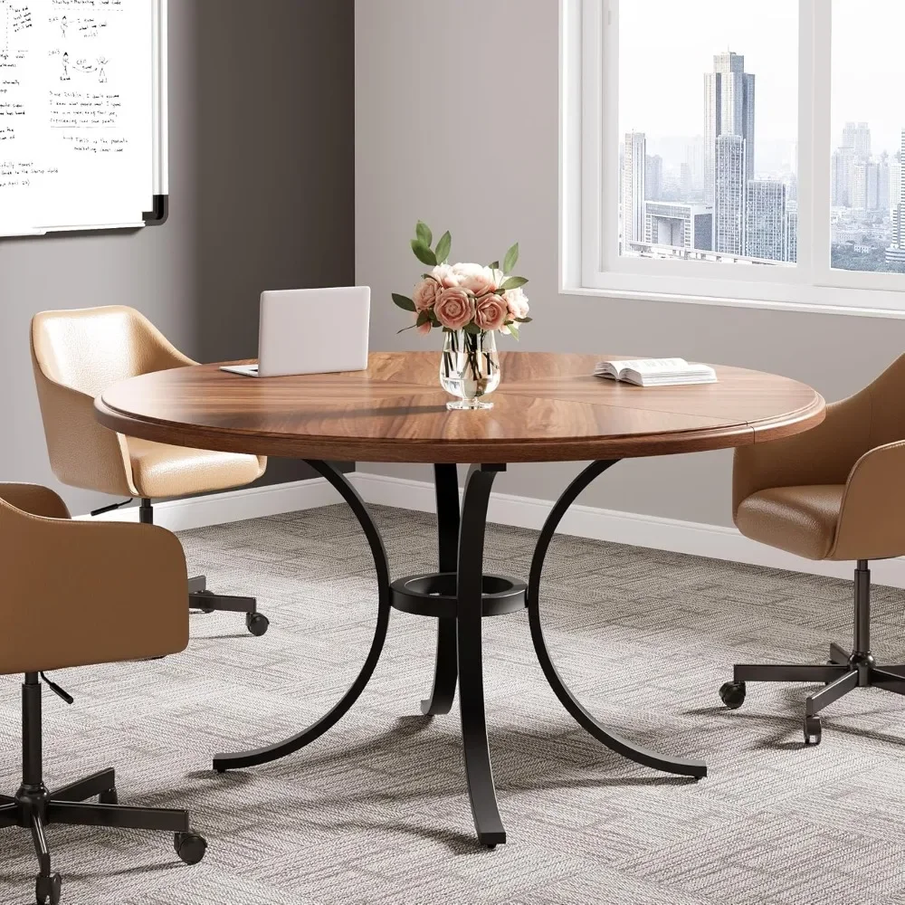 Round Conference Table, 47" Small Meeting Table with Wooden Texture Surface, Circle Business Seminar Table, Breakroom Table