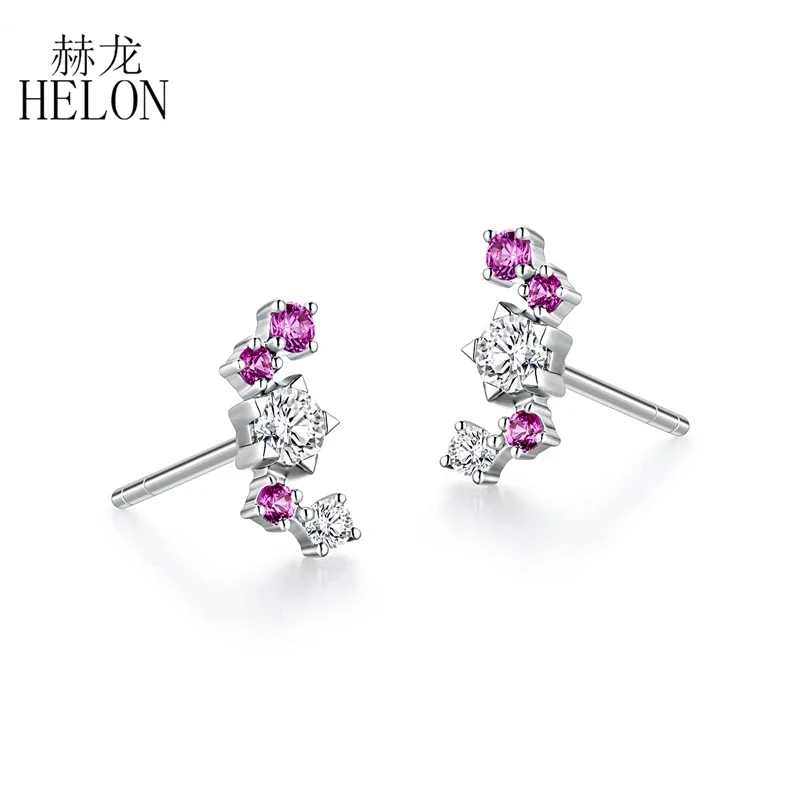 HELON DEF Color Moissanite Diamond Earrings Solid 14k White Gold Real Pink Sapphire Stud Earrings Women Anniversary Jewelry Gift