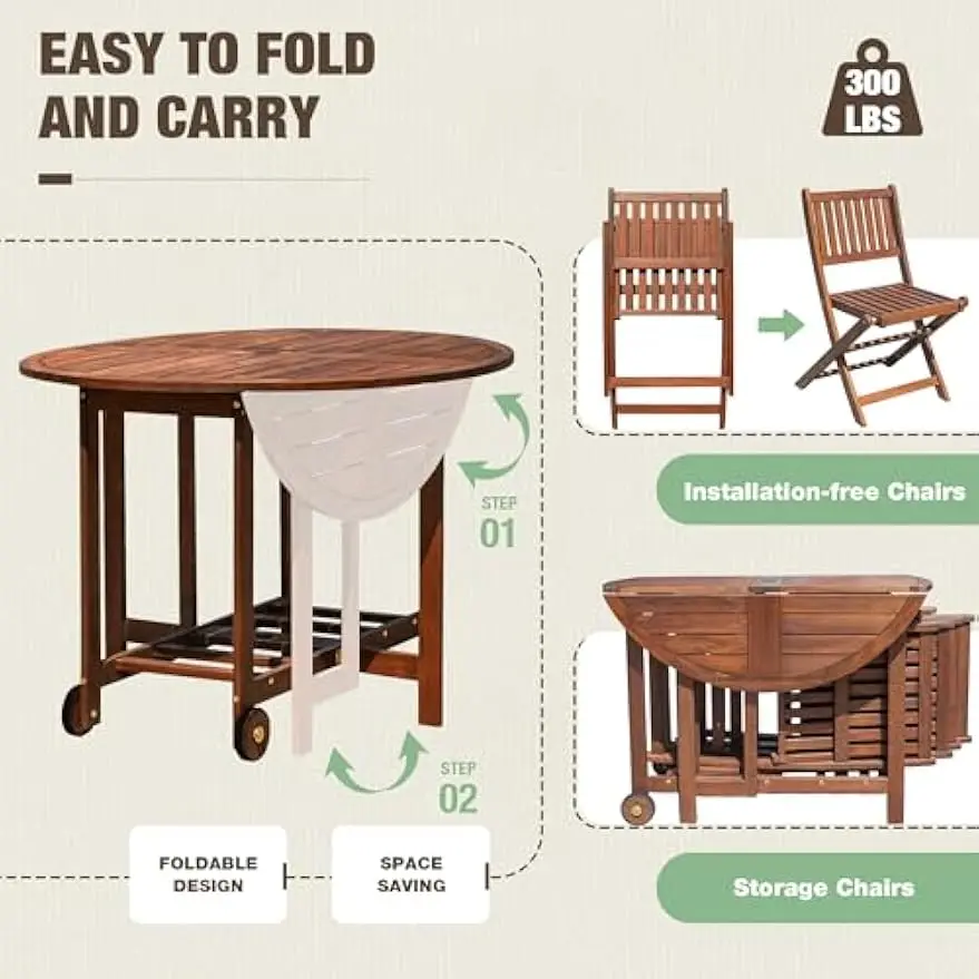 Ensemble de salle à manger en bois d'acacia, table et chaises d'extérieur, 4 chaises pliantes, table mobile ronde de 37 po, meubles, 5 pièces
