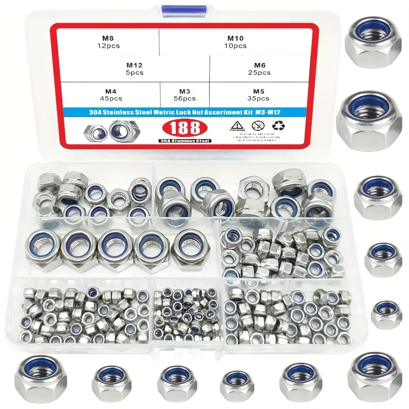 

188pcs 304 Stainless Steel Lock Nut Assortment Kit - Perfect for Lock Washers, Metric Nylon Insert Locknut M3 M4 M5 M6 M8 M10 M1