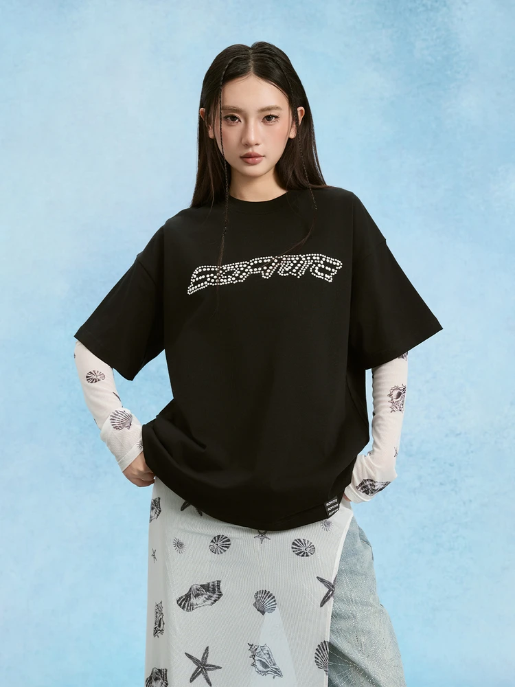 

Sofitte Pearl Logo T-irt 25SS Heat Pred Loose ort Sve ex Cotton Casual Summer Top round Ne T-irt