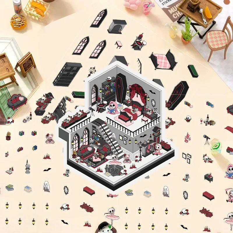 만화 풍경 고딕 성 스티커 미니어처 세계 3D 하우스 감압 DIY 장면 편지지 어린이 스티커