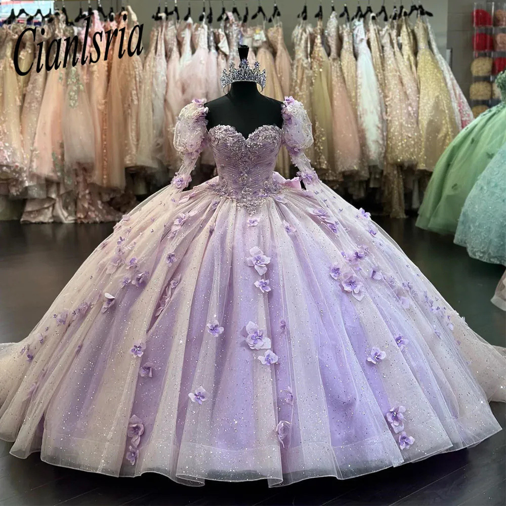 Lilac Puffy Sleeves Ball Gown Quinceanera Dresses Vestidos De 15 Años Quinceañeras With 3D Appliques