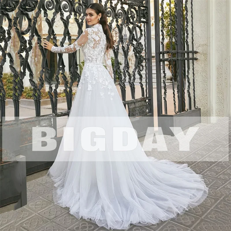 Elegante A-Linie Brautkleider Frauen Spitze Illusion zurück Langarm Spitze hohen Kragen Brautkleid Sweep Zug Vestidos de Noiva