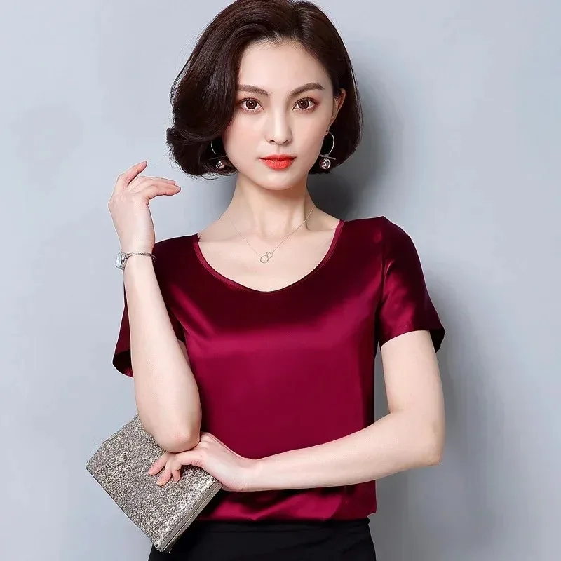 Womens Tops and Blouses 2024 Casual Silk O-neck Office Lady Clothes Summer Satin Short Sleeve Solid Color Shirt Blusas 2126 50