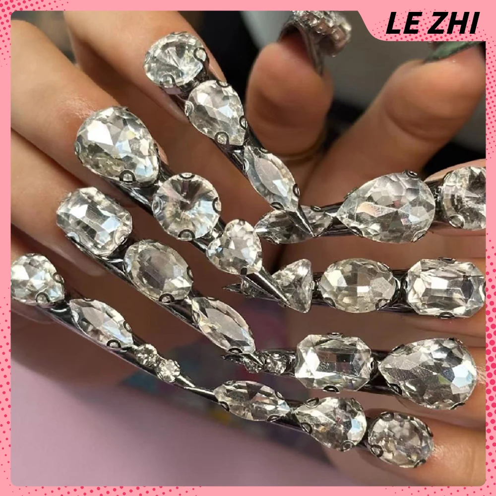 Pegatina de uñas de fiesta falsa con diamantes de lujo 3D completamente perforados hecha a mano, pegatina de uñas de fiesta con diamantes de imitación y purpurina de sentido avanzado