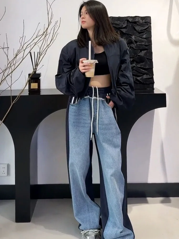 

Retro Faionable Slimming Straight Leg Denim Sweatpants Women's Autumn New Loose Casual Pants High Waist Stretchy Jeans