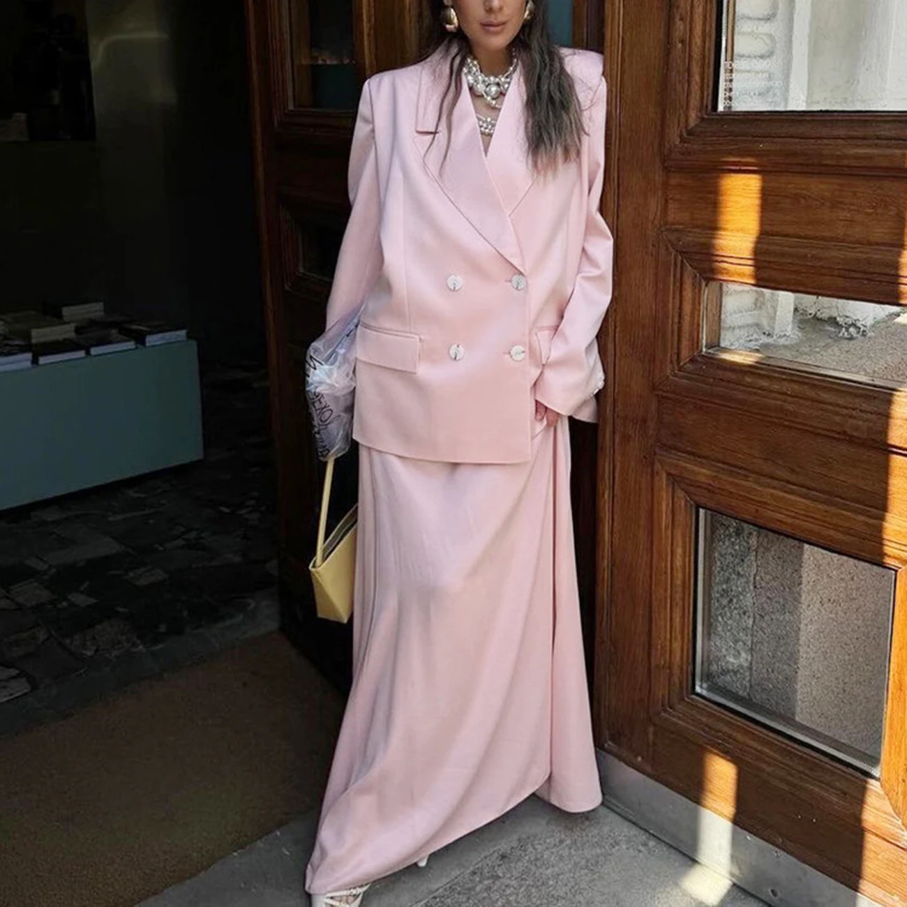 

WXOY Women Summer Fashion Pink Satin Matching Sets Blazer Long Flowy Skirt Classic Oversized Suit New Elegant Spring Outfit