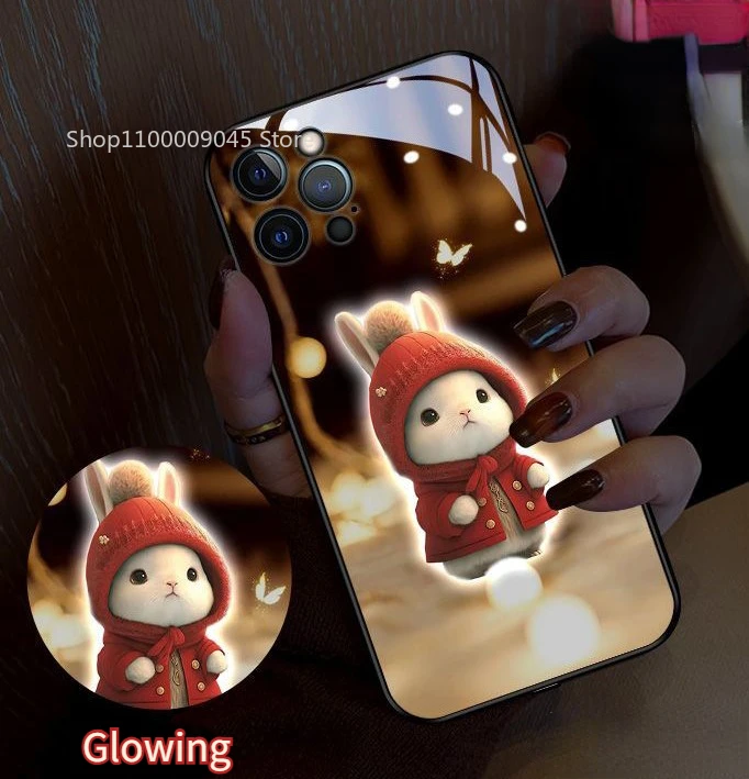 

Cute Rabbit LED Glowing Tempered Glass Back Phone Case For iPhone 15 14 13 12 11 Pro Max X XR XS 7 8 plus Light Luminous Cover