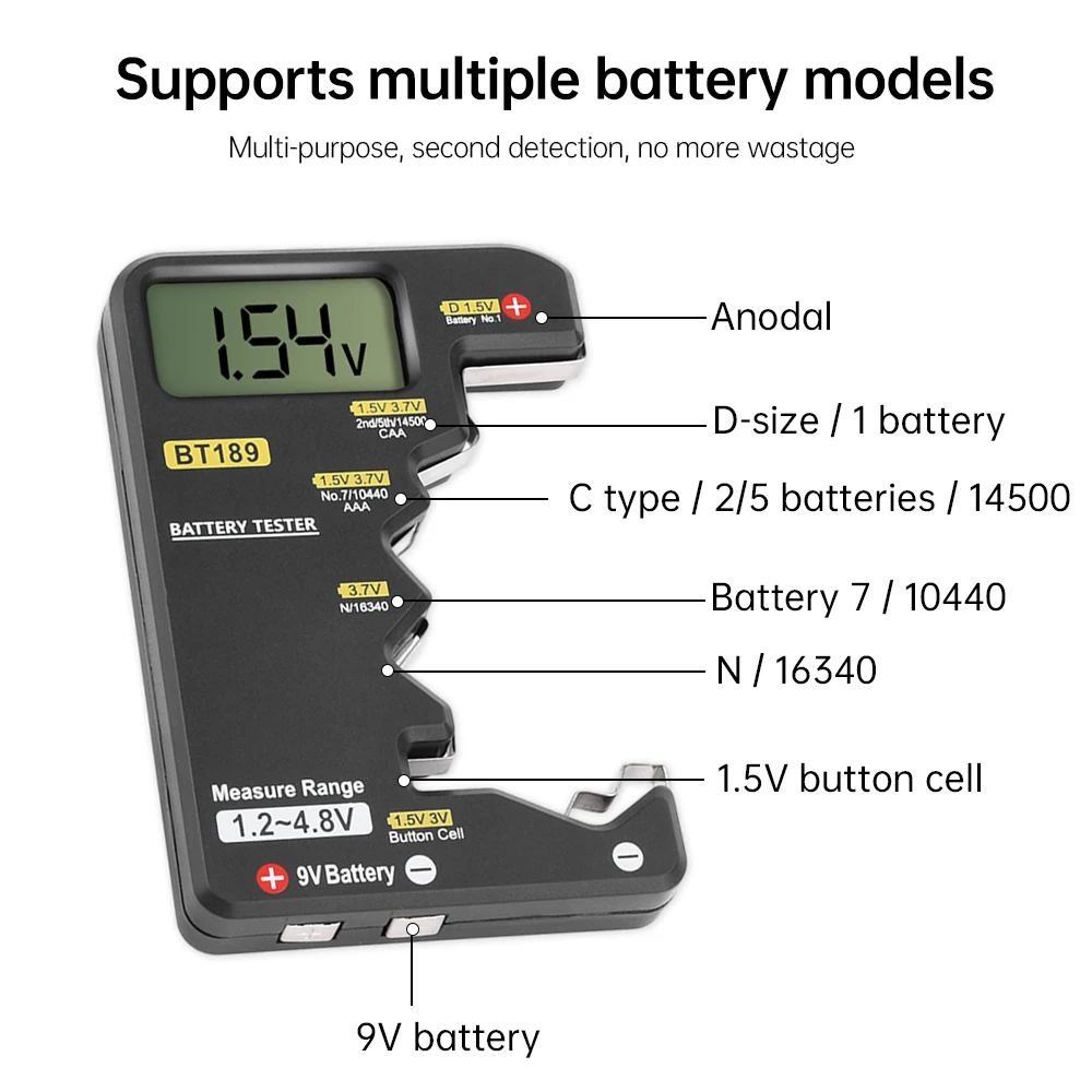 BT189 Tester batteria ultra-piccolo 9V AAAAA Cella a bottone Display digitale LCD universale per uso domestico Tester batteria Rilevatore banca di