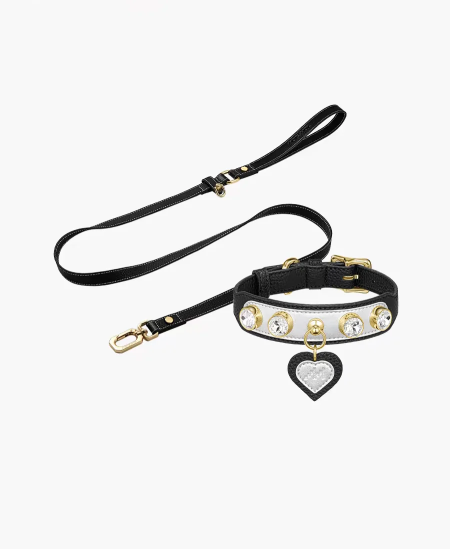 Ins Dog Cat Collar Big Bling Stone Heart Rhinestone Pendant Unique&Fashion Design High-end Leather Quality Handmade Pet Product